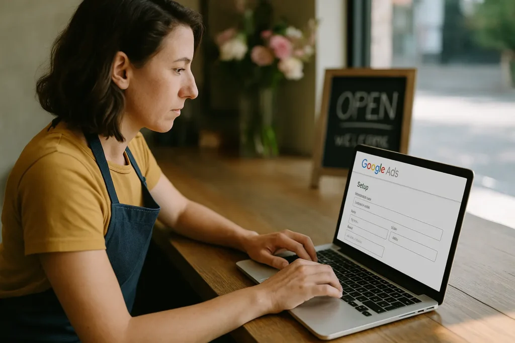 Small business owner setting up Google Ads
