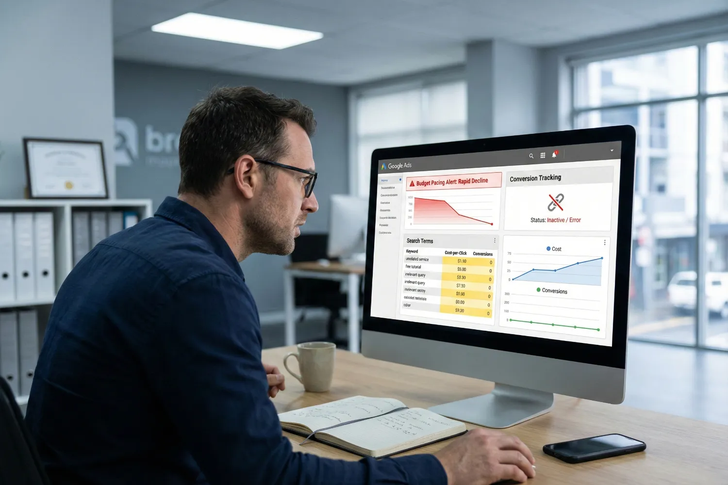 A man sits at an office desk while examining an advertising dashboard that highlights Google Ads mistakes through warning icons, wasted budget indicators, and broken tracking visuals. The workspace includes a computer monitor, desk items, and a blurred office background that emphasises the focus on paid advertising issues.