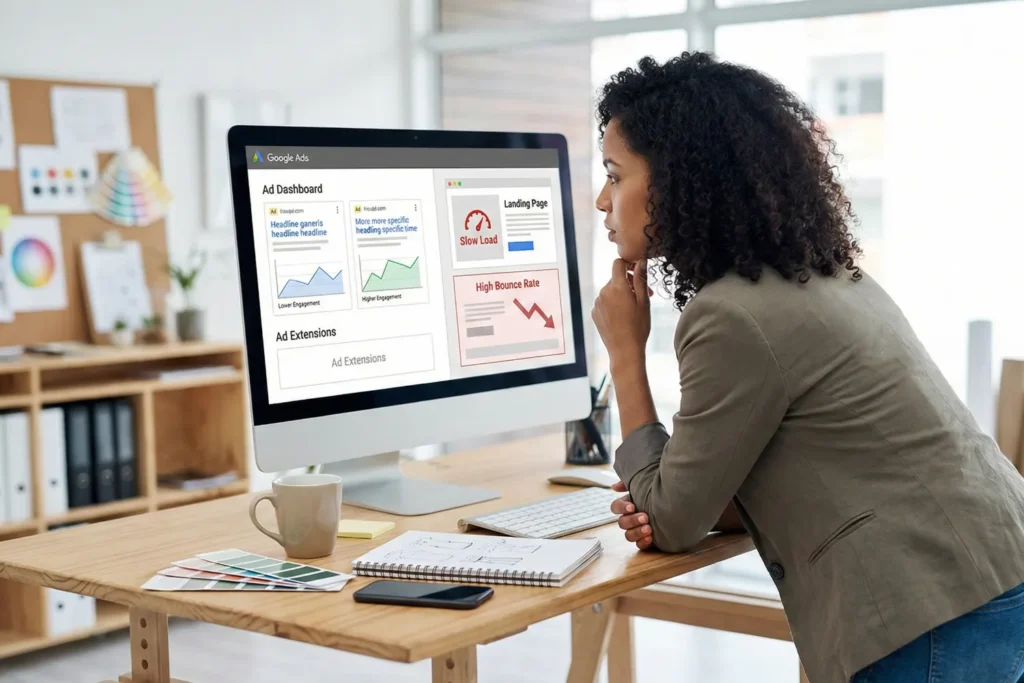 A woman reviews ad headlines and a landing page on a desktop screen, showing Google Ads mistakes such as generic messaging, missing extensions, and poor page performance. The image includes a standing desk, creative studio details, and visual cues of low engagement and wasted ad spend.