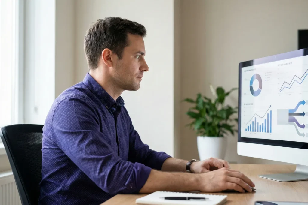 A man is optimising Google Ads performance at his desk.