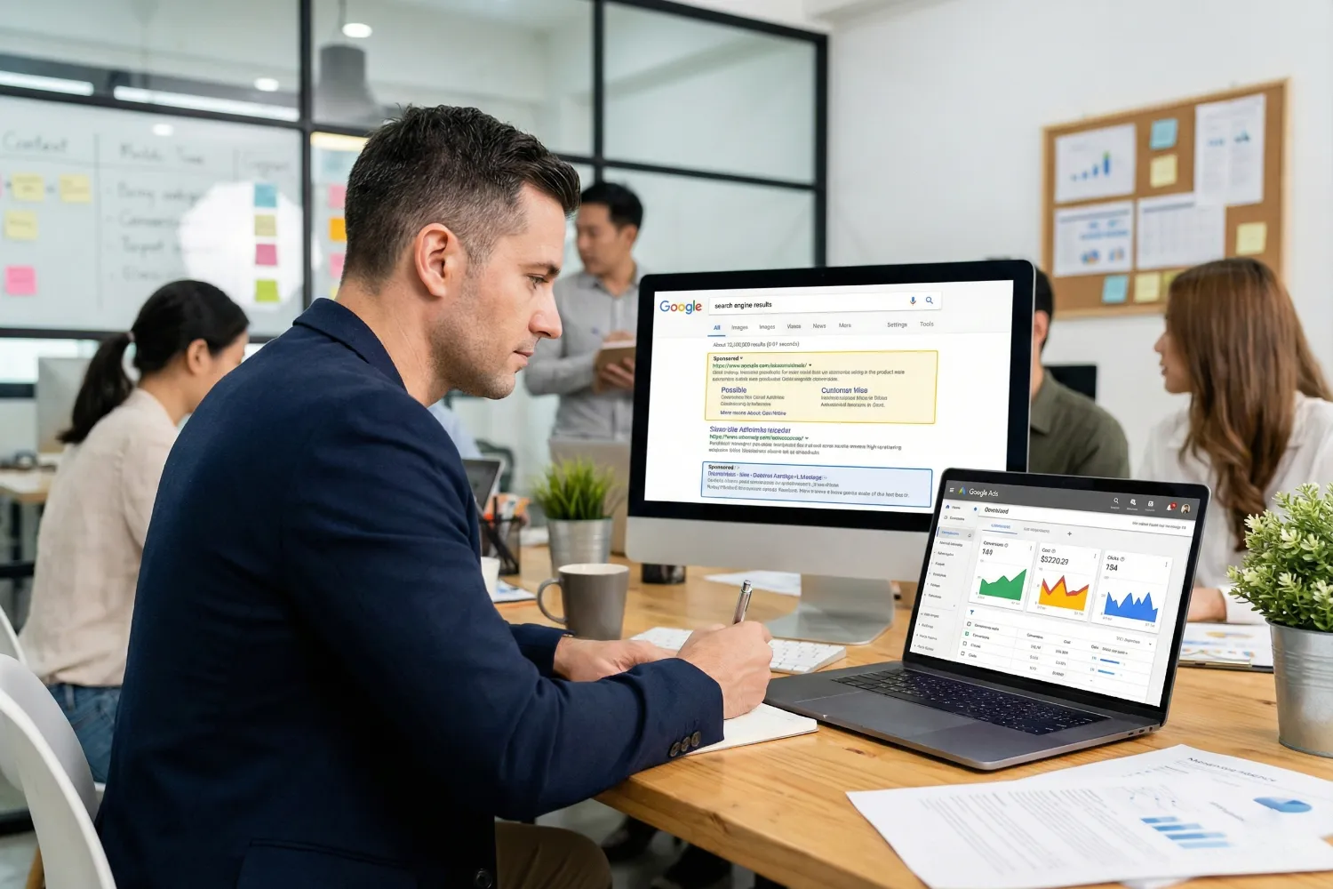 A man sits at a desk in a modern office and studies campaign charts on two screens. The scene shows Google Ads benefits through realistic marketing performance visuals and a confident workspace.