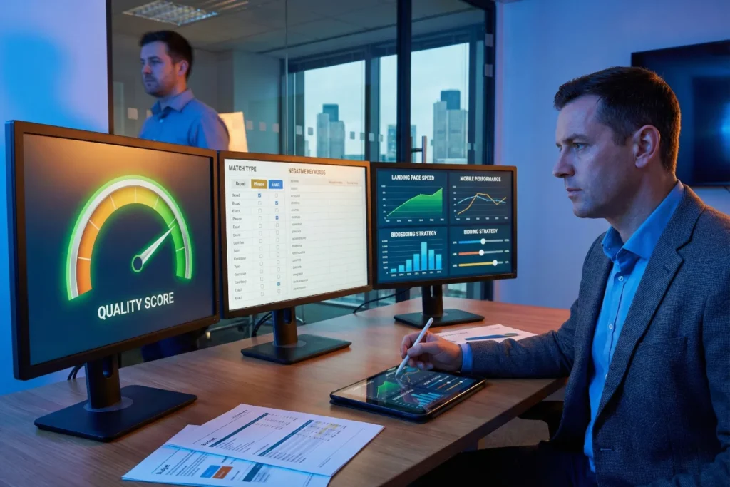 A man sits in a modern office and studies ad performance metrics across three screens. The monitors show quality scoring, keyword controls, and bidding strategy visuals in a realistic Google Ads workspace.
