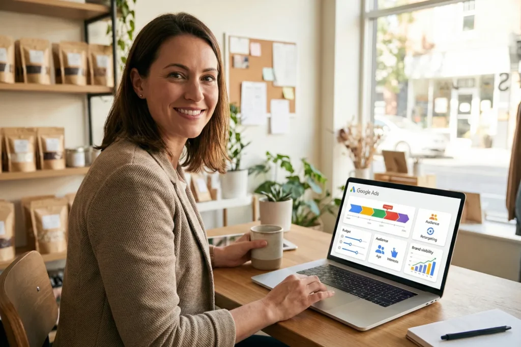 A woman sits in a small business workspace and reviews campaign performance on her laptop. The scene highlights Google Ads benefits through budget controls, targeting tools, and brand visibility visuals on the screen.
