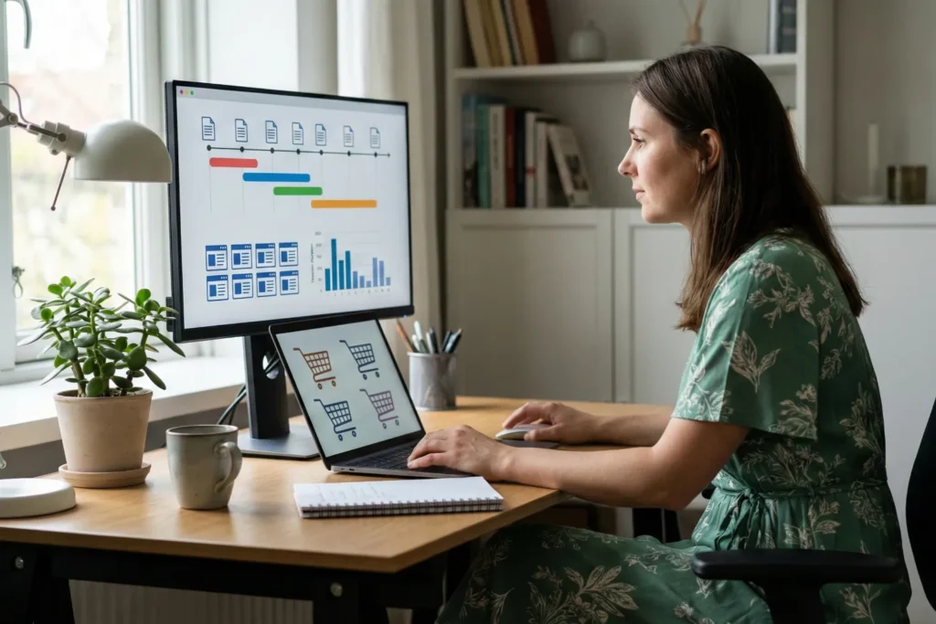An SEO expert is reviewing customer intent data on her computer.