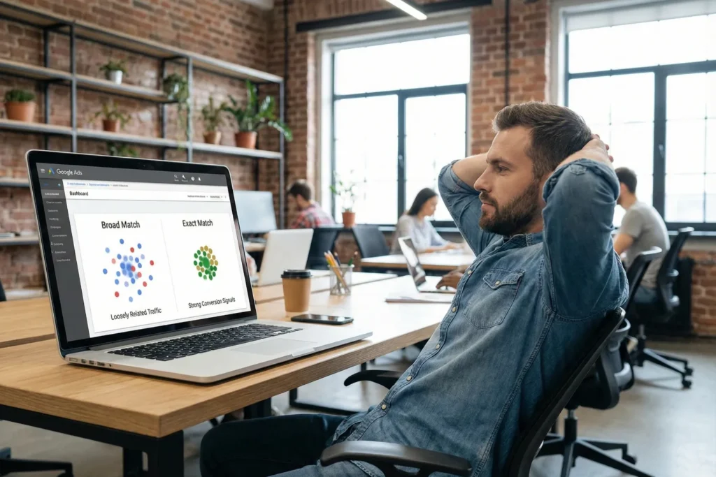 A man sits in a co-working office while reviewing keyword performance on a laptop that reflects common Google Ads mistakes through unfocused traffic and weak results. The image shows shared desks, warm interior details, and a professional setting focused on paid search analysis.