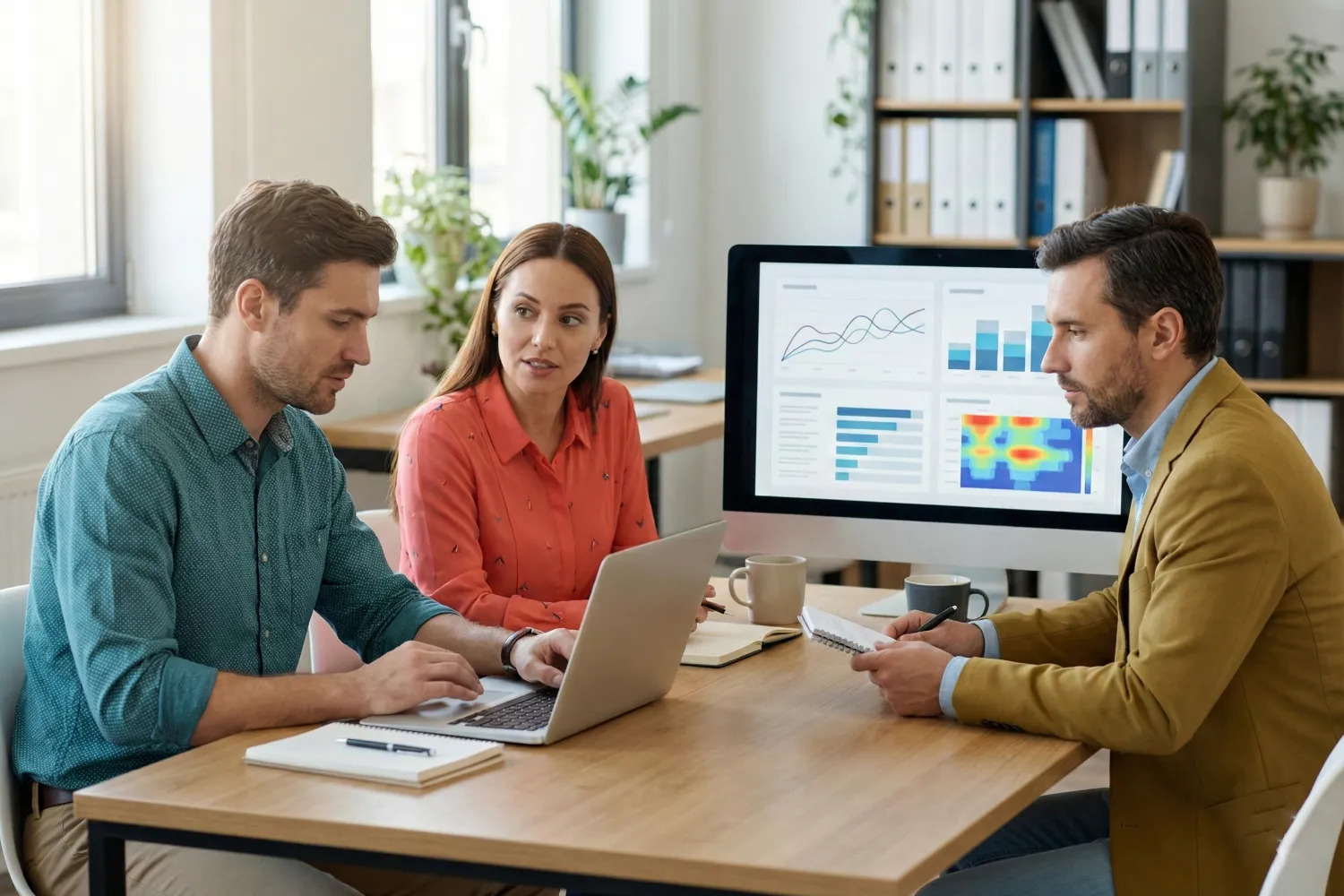 A marketing team is reviewing intent targeting ad performance data in an office.