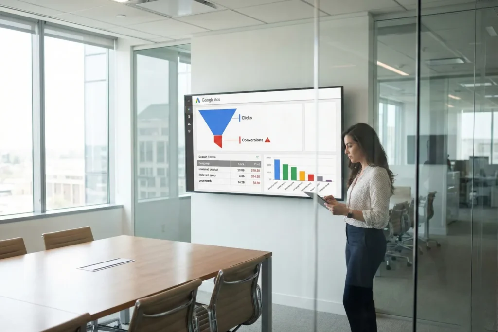 A woman stands in a modern meeting room while reviewing advertising performance on a large wall-mounted screen. The image shows conference furniture, glass walls, and visual cues of inefficient ad spend within a professional office setting.