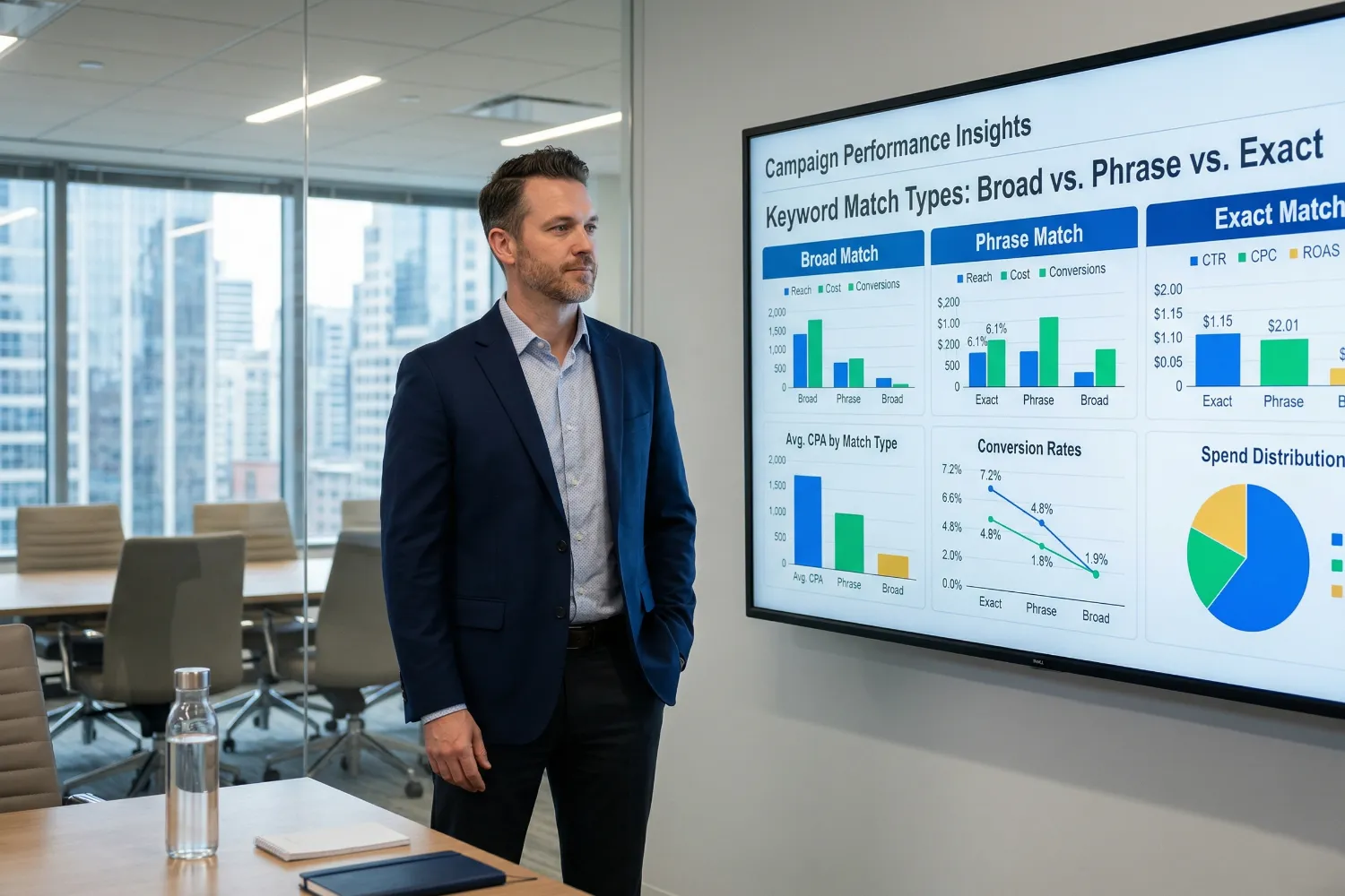 A man stands in a meeting room while reviewing Google Ads keyword match type comparisons on a large display. The space looks modern with a clear focus on digital marketing data.