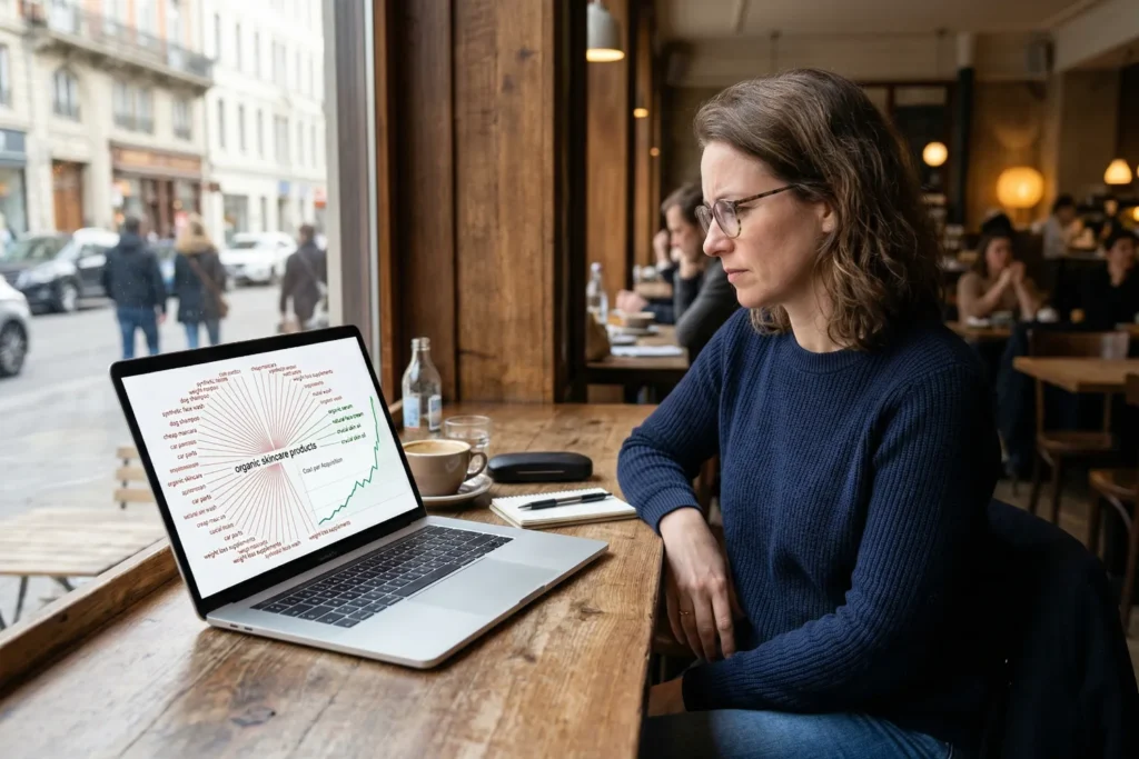 A woman sits in a café while reviewing scattered Google Ads keyword results from broad targeting on her laptop. The table holds a cup and the setting looks warm and realistic.