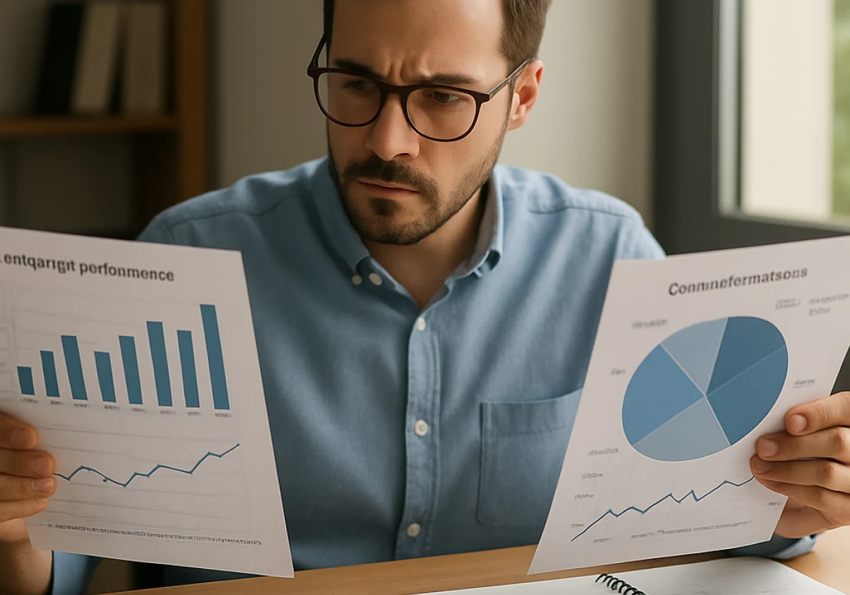 Business analyst at their desk comparing two printed campaign