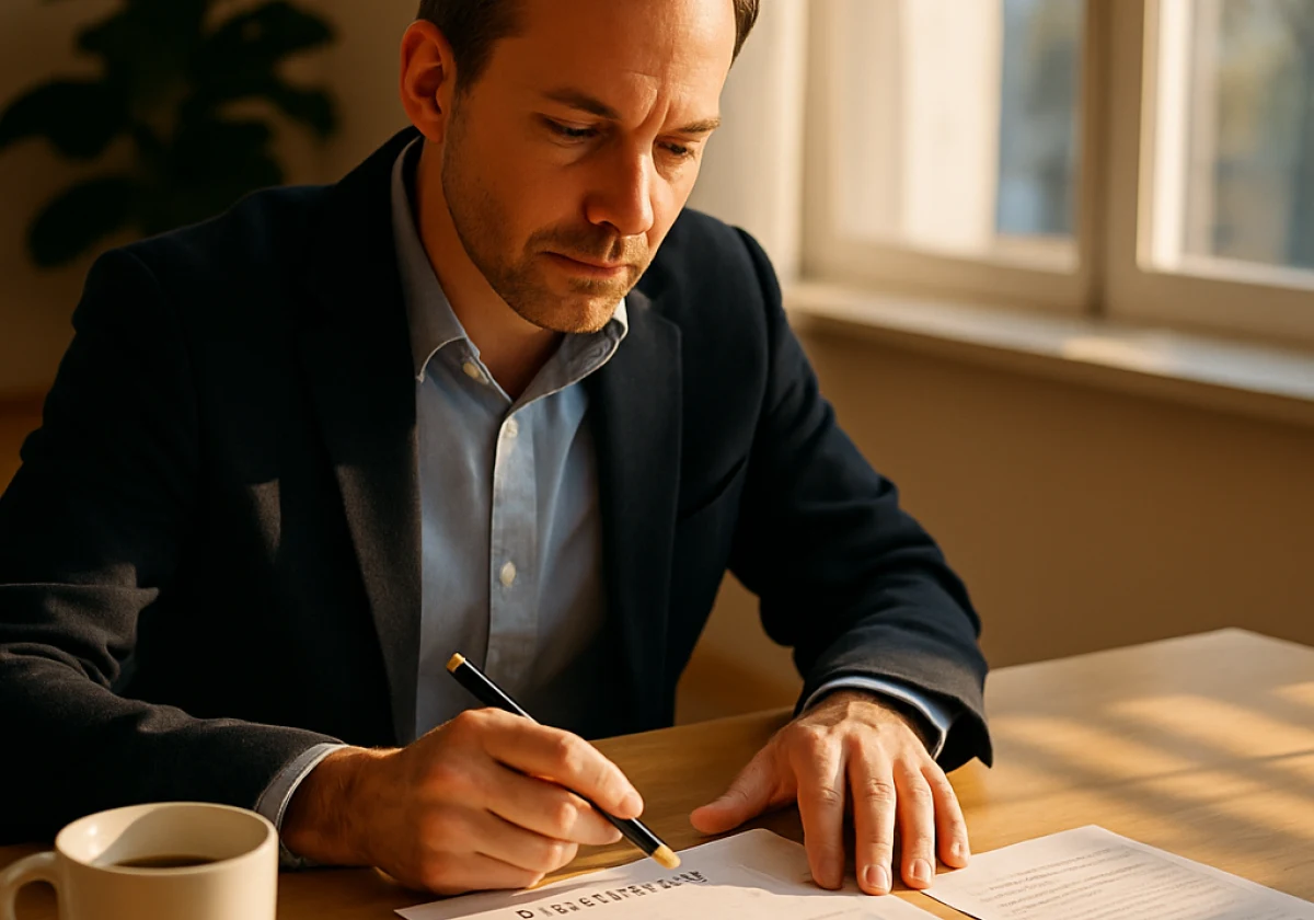 Business owner at a clean wooden desk in a bright morning office