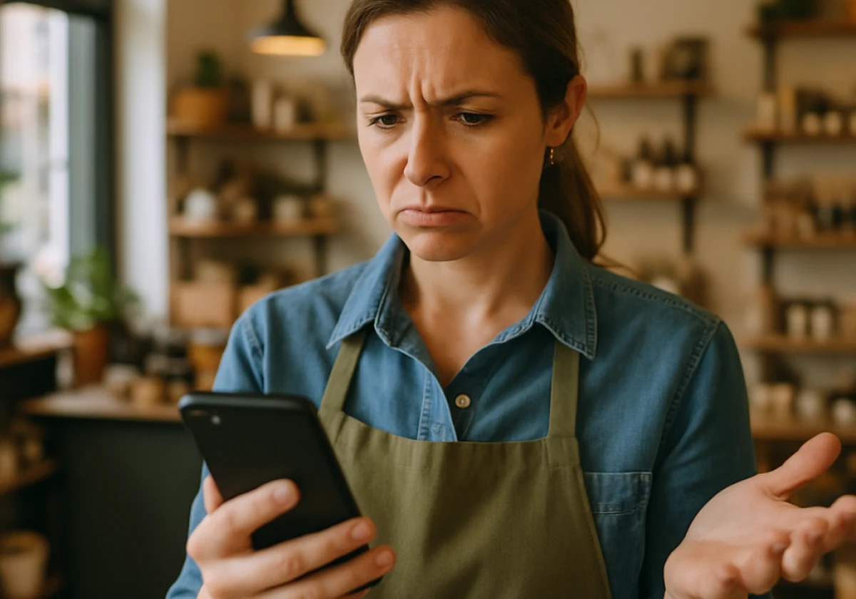 Confused tradesperson or shop worker standing in their small business