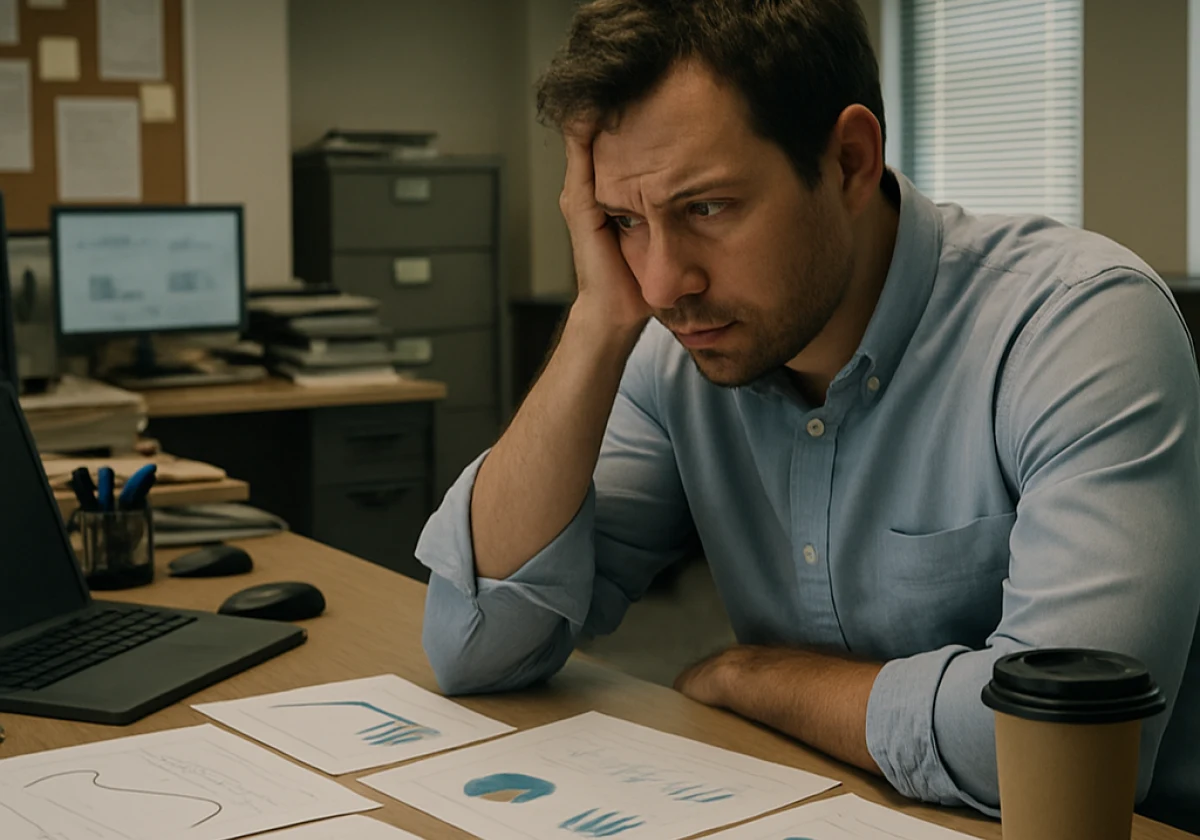 Frustrated digital marketer at a cluttered office desk