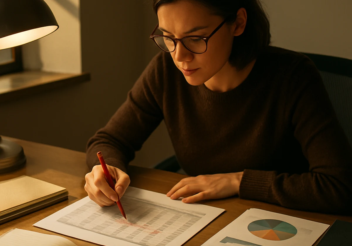 Marketing analyst at an office desk in afternoon light