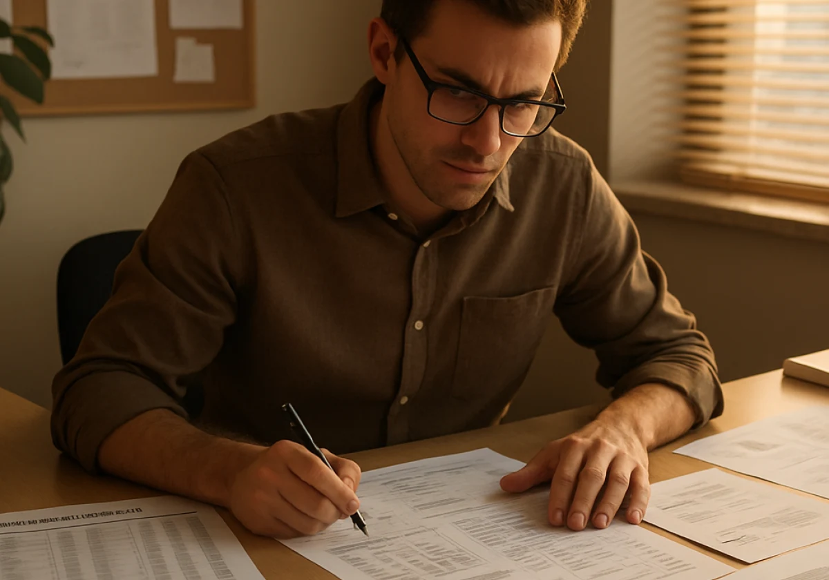 Marketing professional at a desk surrounded by keyword research
