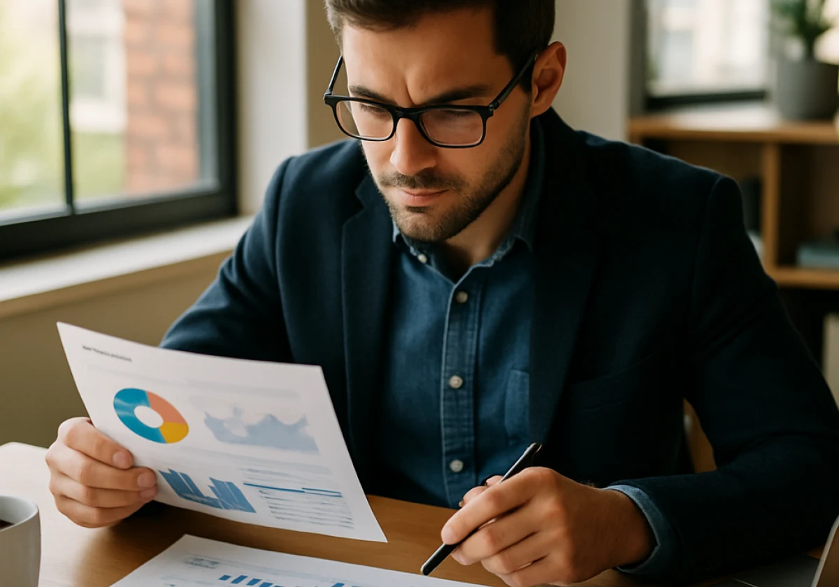 Marketing professional at a wooden desk in an office