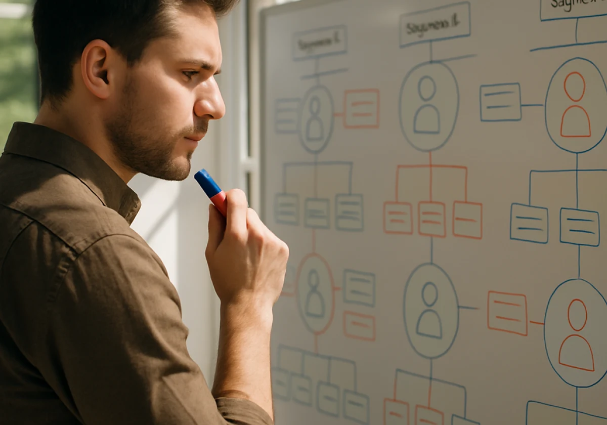 Marketing strategist standing at a large whiteboard in bright natural