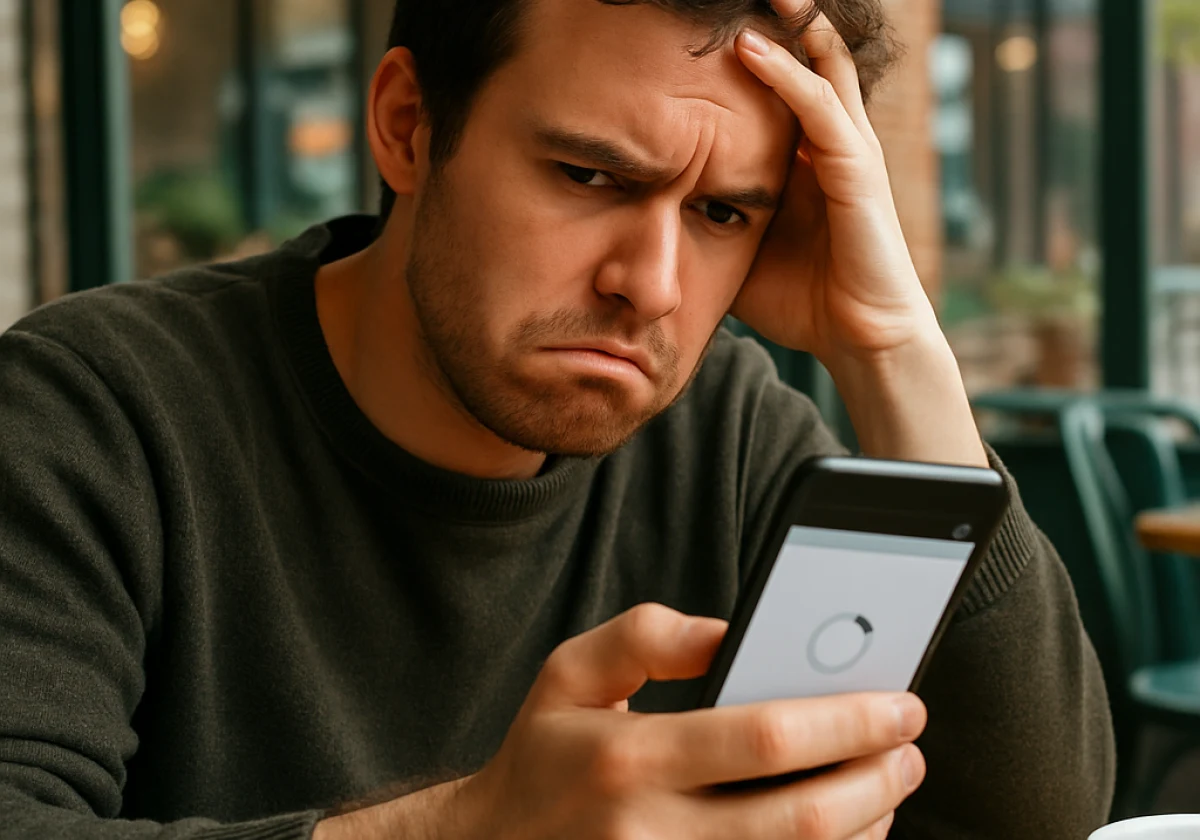 Person holding a smartphone with a visibly frustrated expression