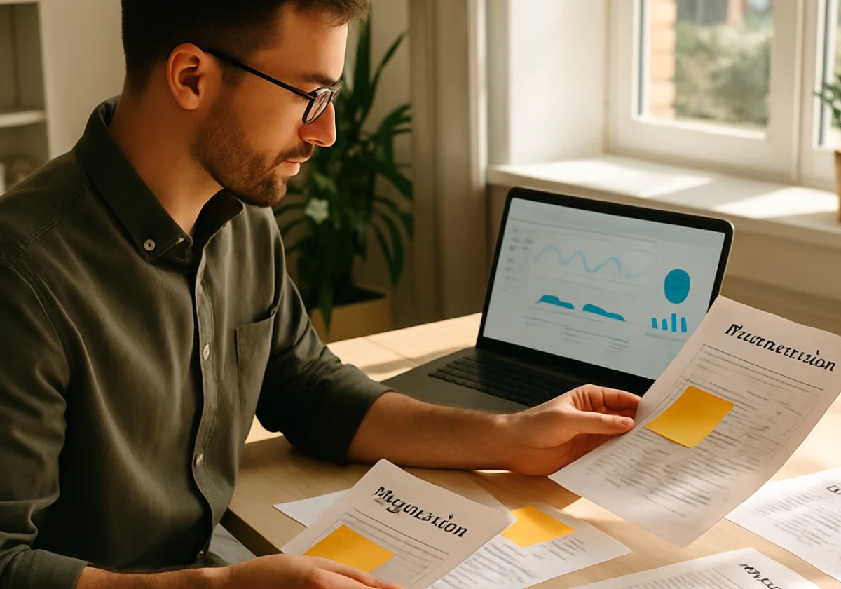 PPC campaign manager at a desk organizing ad group structure