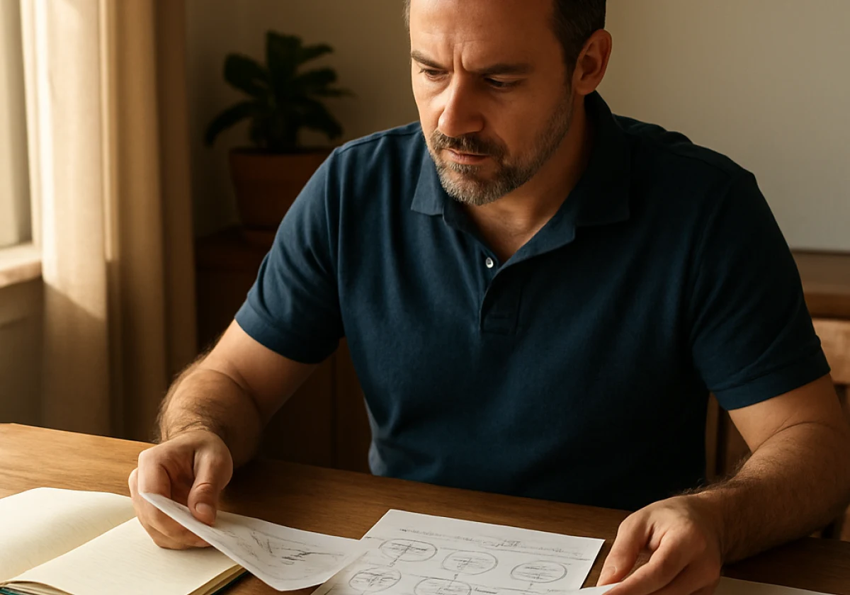 Service business owner sitting at a wooden desk in morning light