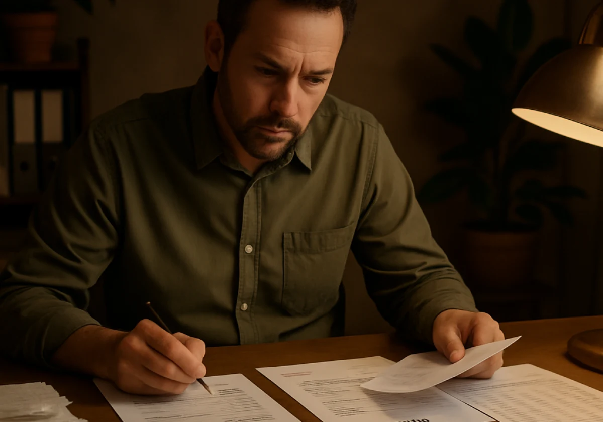 Small business owner at a desk with invoices