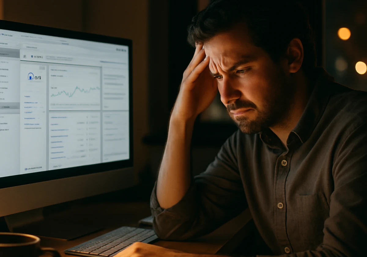 Small business owner at their desk late at night