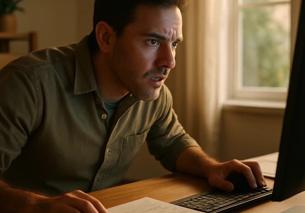 Small business owner leaning forward at their home desk with one hand