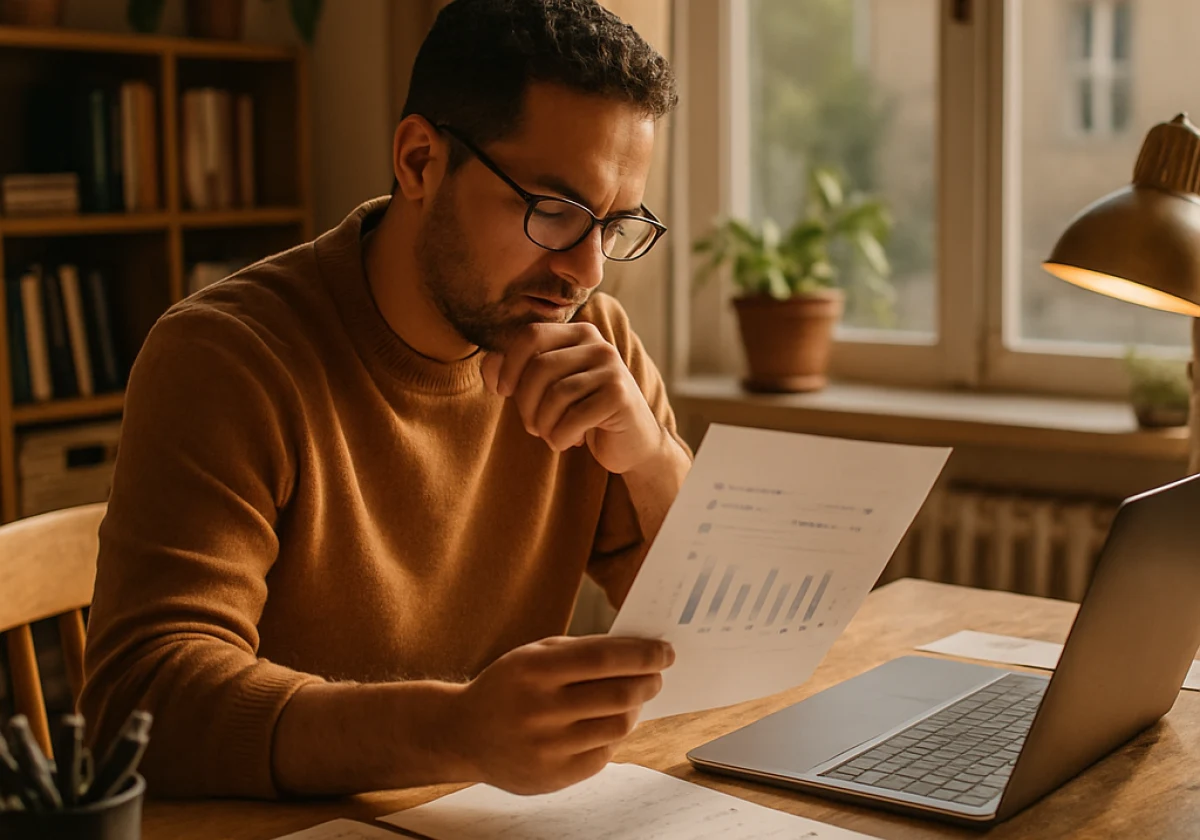 Small business owner seated at a worn wooden desk in a sunlit home