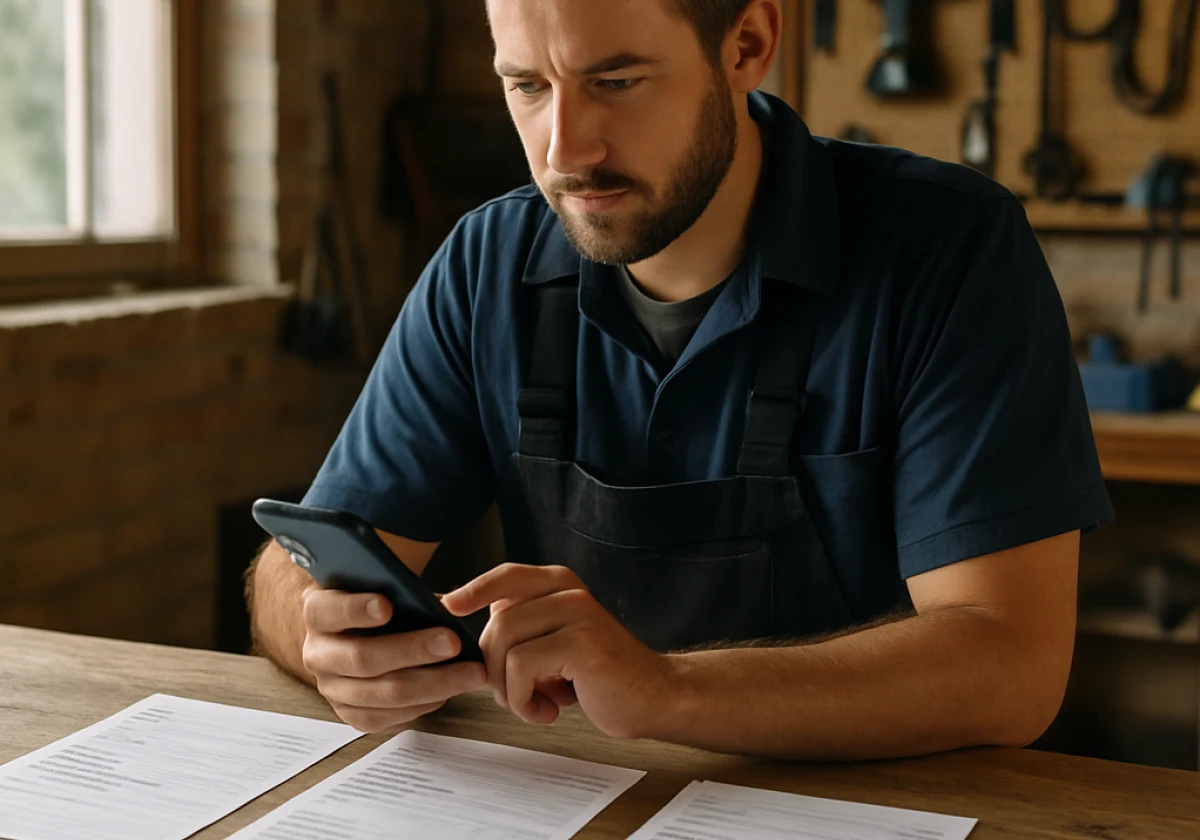 Tradesperson standing at a workbench in natural light