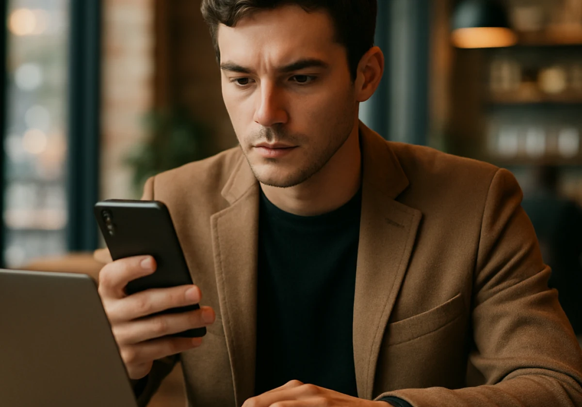 Young professional at a coffee shop holding a smartphone in one hand